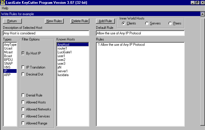 Program menus select protocols, ports, filters, sockets, packet types, allowed services and network address translation for the hackerproof, low cost, robust independent secure hardware firewall